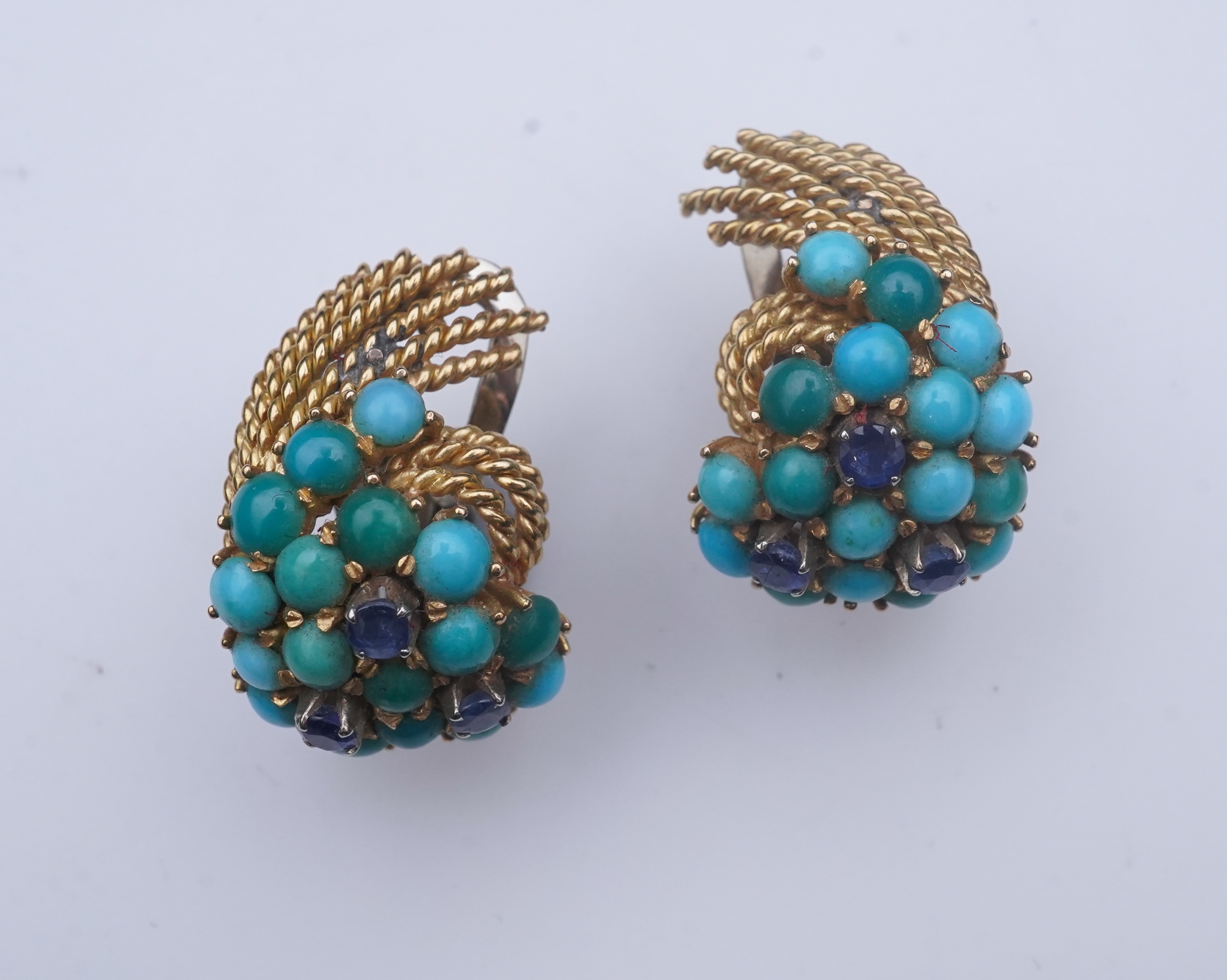 A pair of turquoise and sapphire ear clips, 1960s